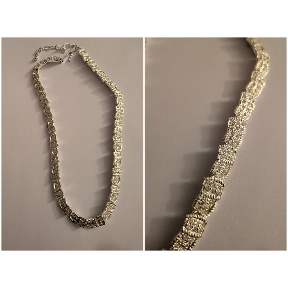 Vintage Silver Tone Rhinestone Textured Link Choker Necklace 15 Inch Adjustable
